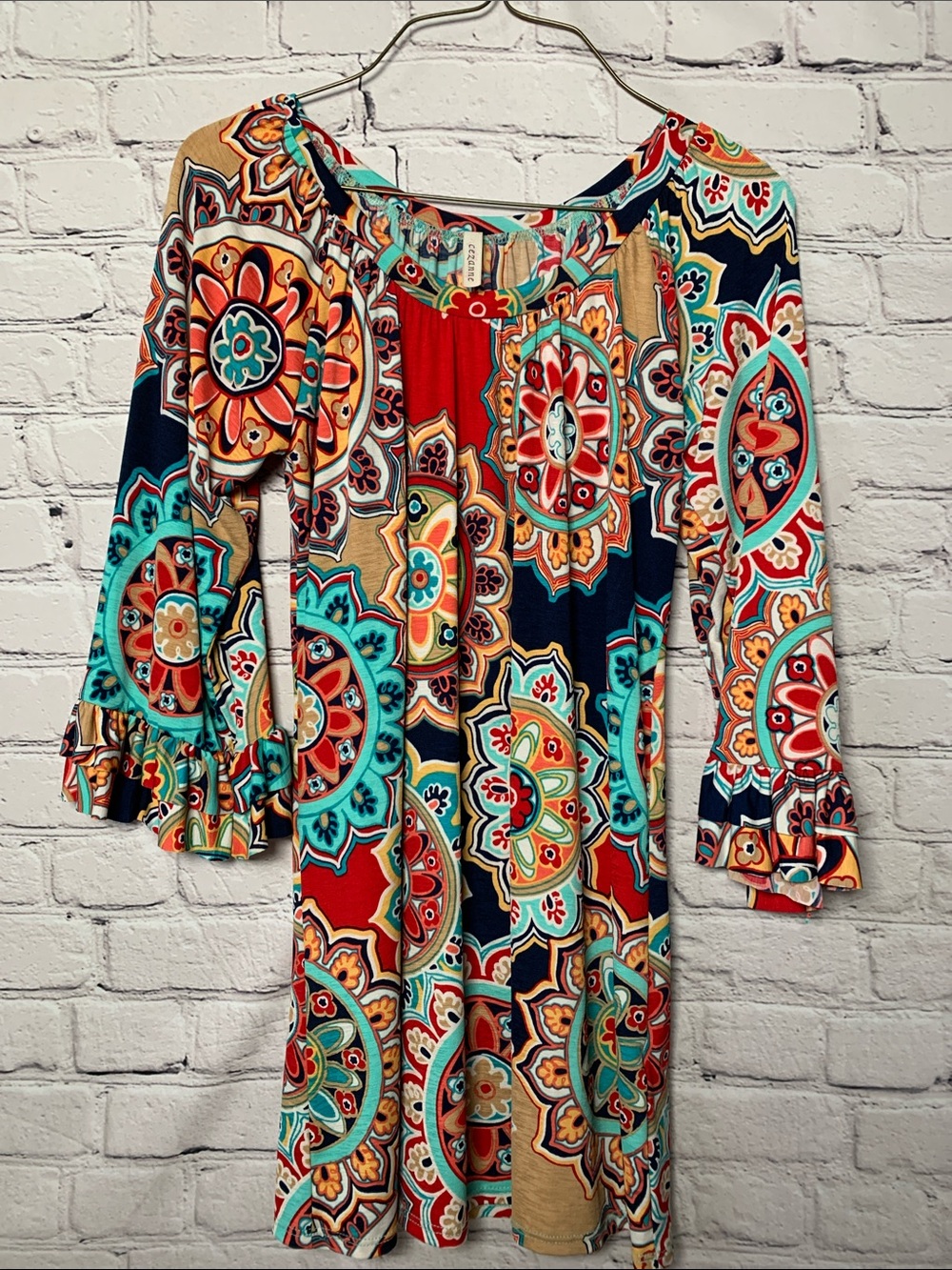cezanne Red Teal Navy Tan Mandala Bell Sleeve Tunic